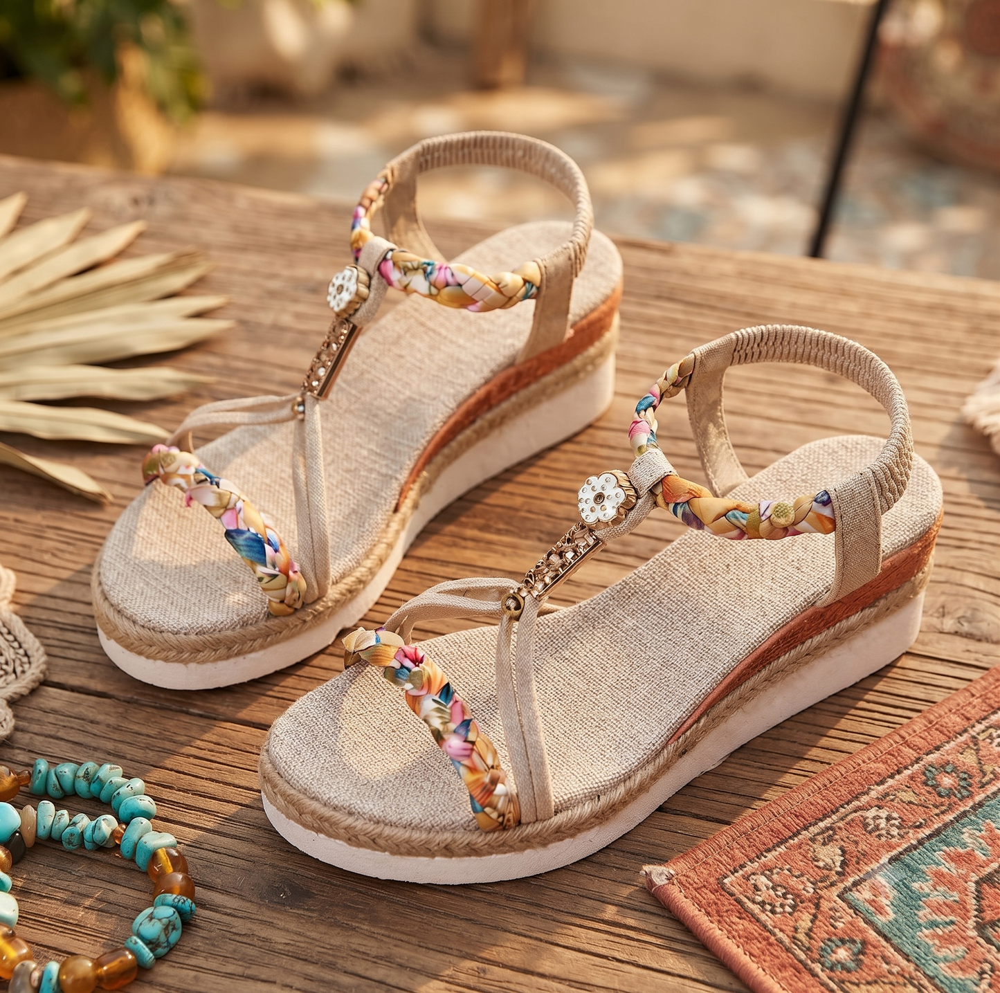 Sandales à plateforme Bohème pour femme – Ornement floral et perles tressées