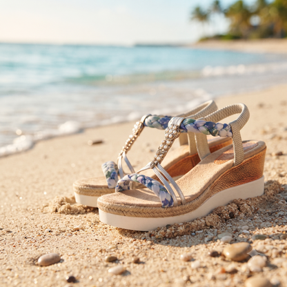 Sandales à plateforme Bohème pour femme – Ornement floral et perles tressées