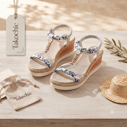 Sandales à plateforme Bohème pour femme – Ornement floral et perles tressées