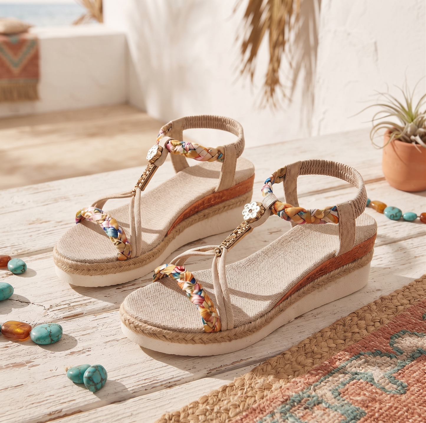Sandales à plateforme Bohème pour femme – Ornement floral et perles tressées