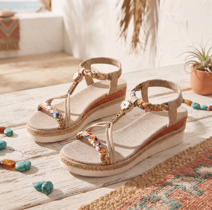 Sandales à plateforme Bohème pour femme – Ornement floral et perles tressées