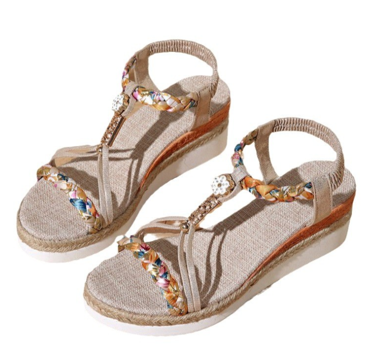 Sandales à plateforme Bohème pour femme – Ornement floral et perles tressées